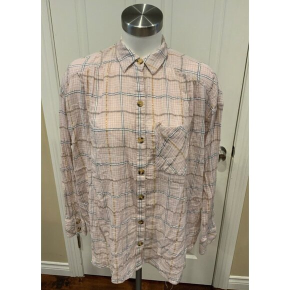 Free People Purple, Blue, White & Gold Metallic Plaid Button-Up Shirt, Size XS - Picture 1 of 6